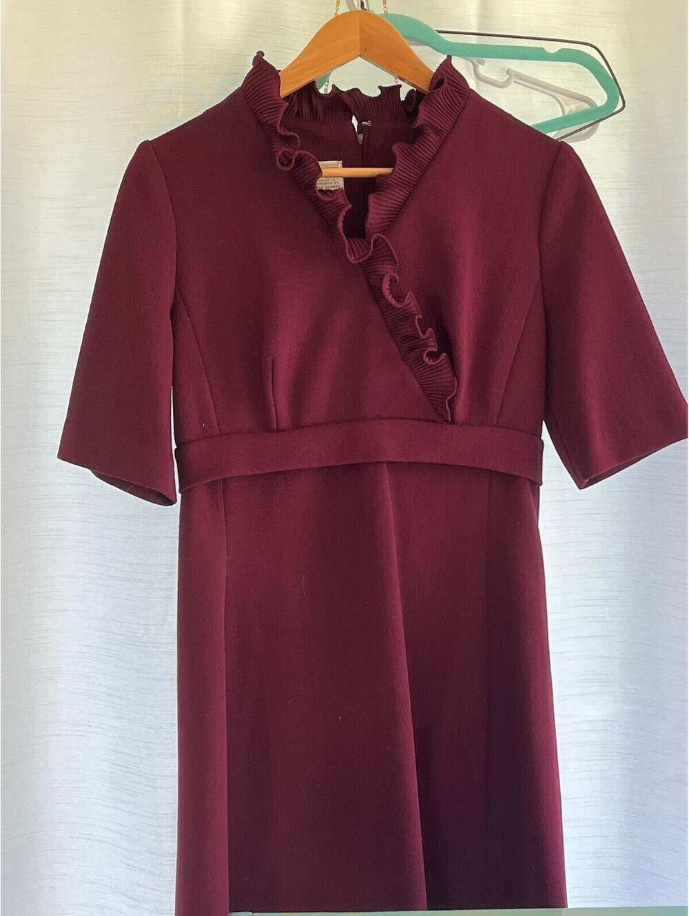 Vintage 60s 70s Edith Flagg Burgundy Crimplene Ruffle Dress 26in Waist Sm